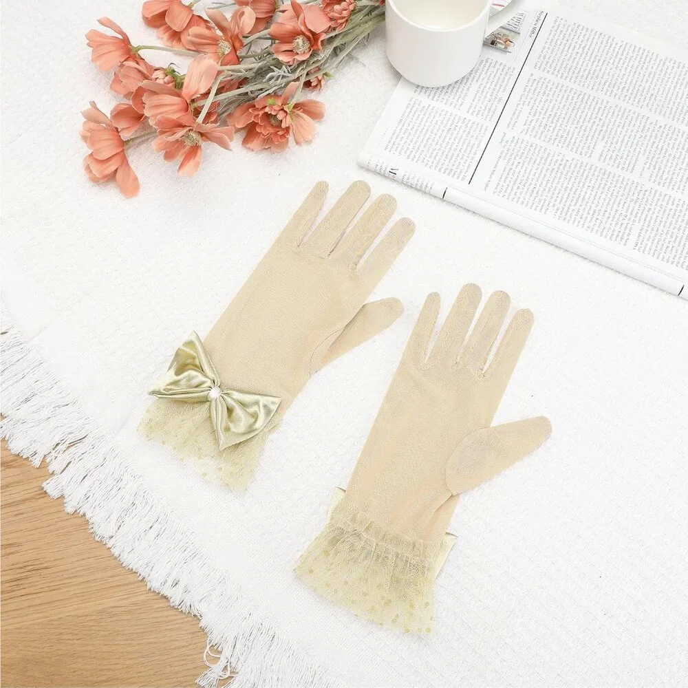 Women's Short Apricot Lace Bow Polka Dots Gloves Mesh Wedding Tea Party Prom